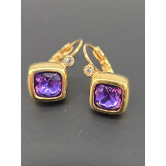 Vintage 90s Joan Rivers Purple Crystal Square Bezel Leverback Earrings - Picture 4 of 11
